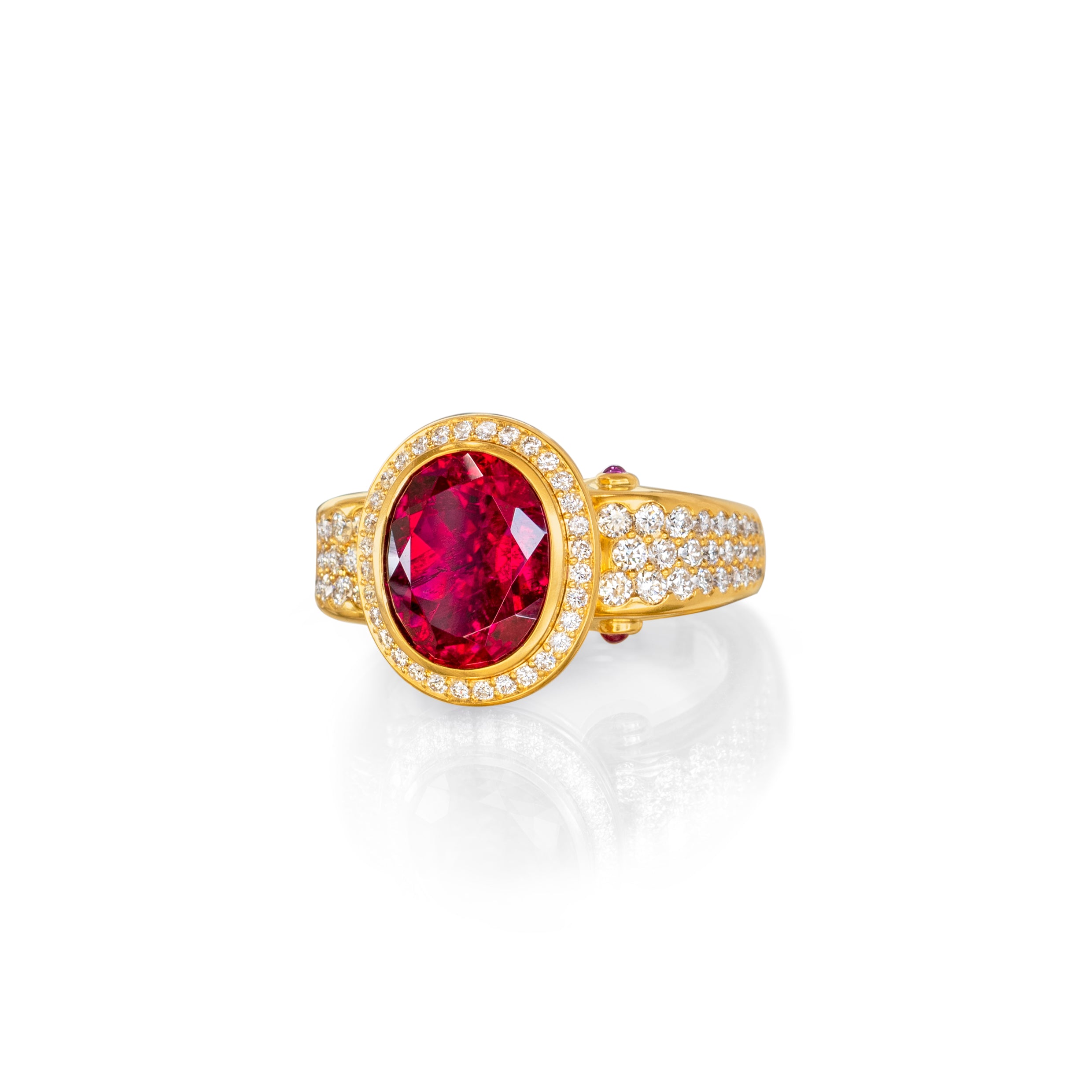 Ring "Volute" 750 Gelbgold mit einem Rubellit, pink Saphiren und Brillanten